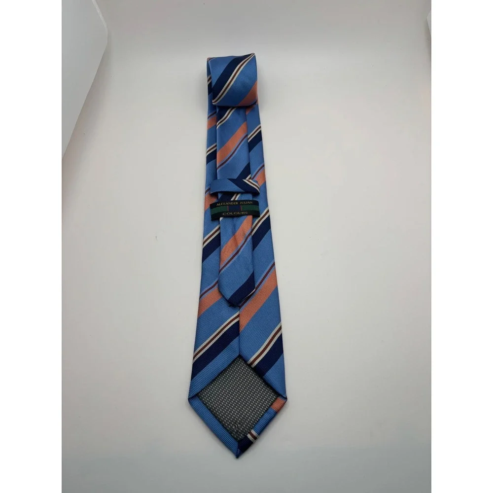 Alexander Julian Colours Mens Blue Orange Striped Polyester Necktie Hand Made